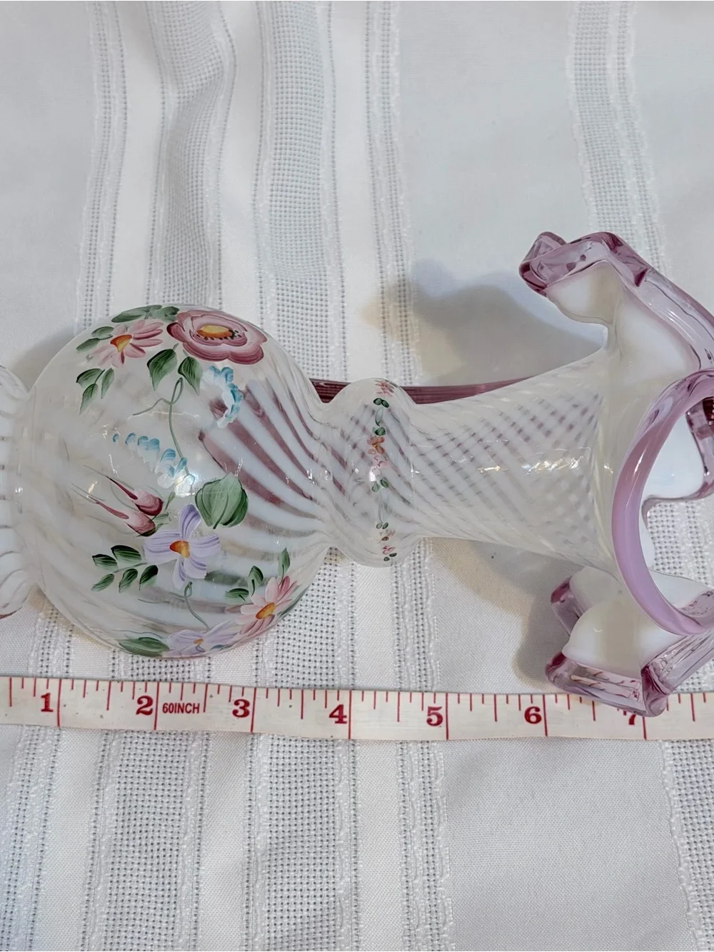 Fenton 1996 Commemorative Opalescent Purple Wavy Rim Hand Painted Pitcher Vase